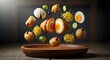 © Rajianto - Deconstructed Fried Eggs & Asian Ingredients Levitating with Sauce Drizzle Above Wooden Plate