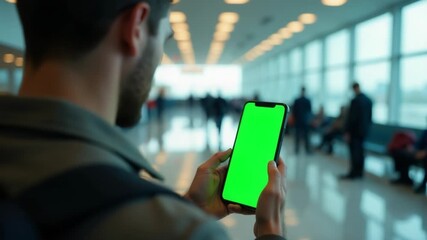 Wall Mural - a traveler holds up his green phone at the airport, possibly checking his flight status or contactin