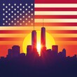 Digital illustration of American flag with New York City skyline and twin towers at sunset symbolizing 911 remembrance and unity
