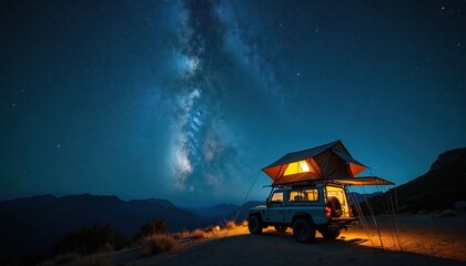 Wall Mural - Car with rooftop tent camping under brilliant Milky Way galaxy. Starry night sky over mountains. Adventure travel, night camping, outdoor exploration with vehicle.