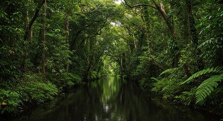  Lush Jungle River, Verdant Canopy, Serene Reflection