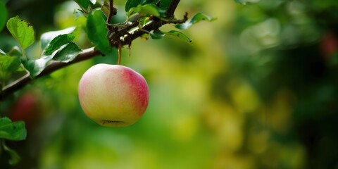 A close-up of a vibrant red apple hanging on a tree branch, in a beautiful garden setting.