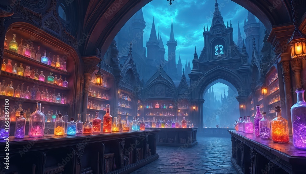 Potion Store Mystical potion shop interior filled with shelves of colorful, bubbling ...