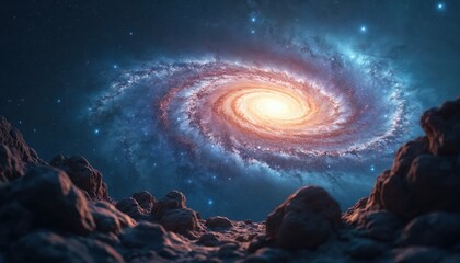Wall Mural - View from rocky planet surface at vibrant swirling galaxy. Bright cosmic core, dark space, nebulae clouds, stars. Outer space exploration, astronomical discovery, deep universe.