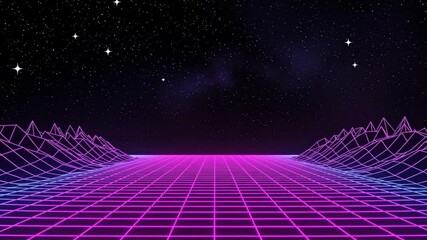 Wall Mural - A neon grid landscape with starry sky