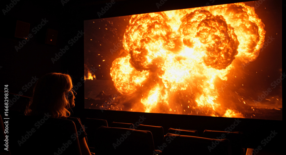 Woman in cinema watching a dramatic explosion on a big screen ...