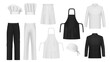 © Vector Tradition - Realistic chef wear and toque hats, vector 3d cook uniform. Black and white restaurant chef kitchen aprons, jacket and pants suits, hats and bandana. Restaurant staff wear, baker and butcher uniform