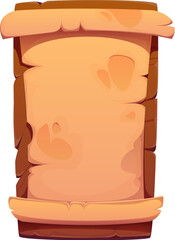 Wall Mural - Cartoon pirate signboard, vertical scroll made of old parchment with curled edges and a weathered texture hanging on a wooden board. Vector frame for fantasy games, ancient messages or adventure maps