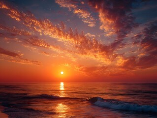 Wall Mural - Hyperrealistic photo of a vibrant sunset over a calm ocean. The sun is a perfect orb at the horizon, casting a brilliant orange and golden glow.