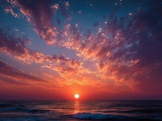 Wall Mural - Hyperrealistic photo of a vibrant sunset over a calm ocean. The sun is a perfect orb at the horizon, casting a brilliant orange and golden glow.