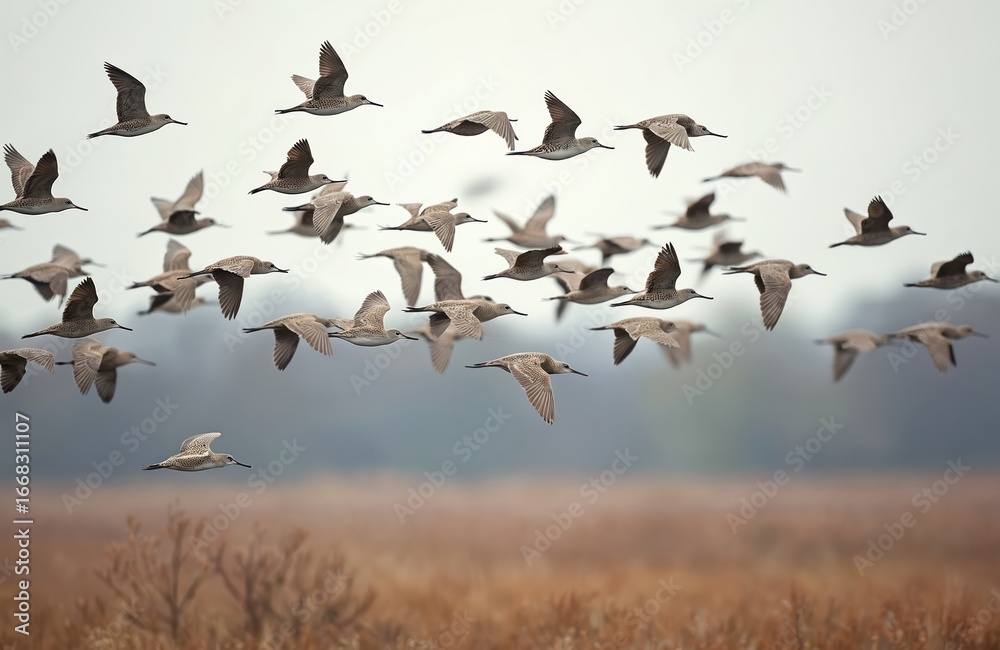 Stock Foto Flock Of Migratory Birds Soars Through Sky During Spring 