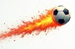 © Viktor - Soccer ball in motion with fiery explosion trail. Dynamic action illustration shows energetic kick, speed, power. Clean white background isolates vibrant red, yellow particles, perfect for sports