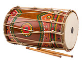 Colorful traditional dhol drum with detailed folk art design and wooden sticks for festive music