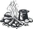 © vadymstock - Black and white illustration of a campfire with firewood and a cooking pot outdoors