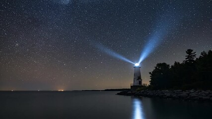 Wall Mural - A lighthouse emits a beam into the starry night sky The sea is calm and dark Trees are seen to the side of the lighthouse
