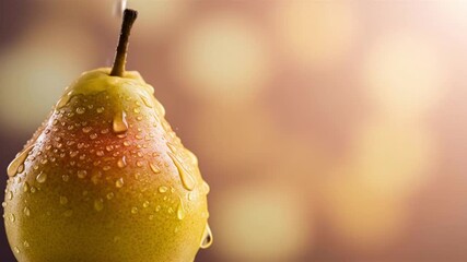 A ripe pear speckled with water droplets is caught in a moment of refreshment with soft diffused light in the background