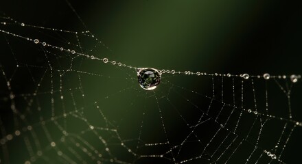 Stunning macro view of dew-covered spider web with intricate details and beautiful bokeh