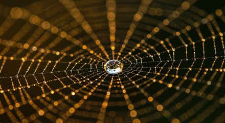 Stunning golden spiderweb with water droplets, evoking nature's beauty, macro detail