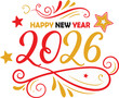© MH24 - A festive happy new year 2026 design with red and gold swirls and stars for celebratory occasions