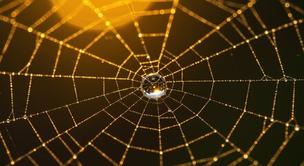 Stunning macro of a spiderweb with water droplet reflecting light, perfect for nature themes