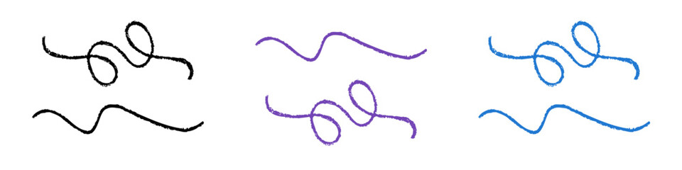 Wall Mural - Set of Design Elements Hand-drawn Black, Violet and Blue Lines with Loops Isolated on White Backdrop. Style of Children's Drawing.