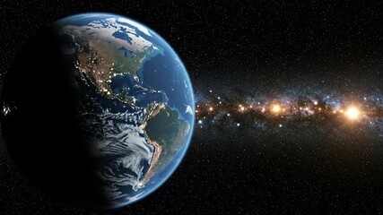 Wall Mural - Earth in space with city lights set against a galaxy with stars