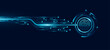 © sersupervector - Digital tech fingerprint scan with digital HUD circle and glowing computer circuit board. Biometric data security for UI and GUI design. Futuristic touch screen button for user interface. Vector.