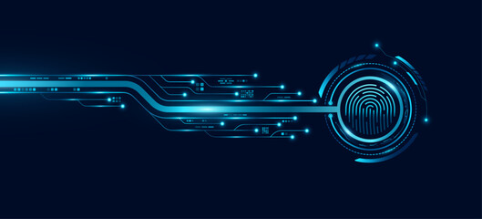 Digital tech fingerprint scan with digital HUD circle and glowing computer circuit board. Biometric data security for UI and GUI design. Futuristic touch screen button for user interface. Vector.