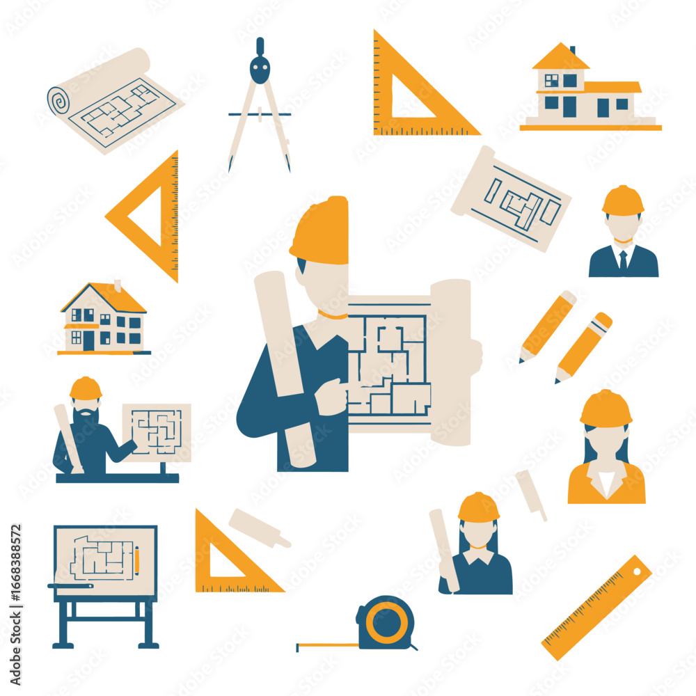 Illustrative depiction of architects and their tools. Blueprints ...
