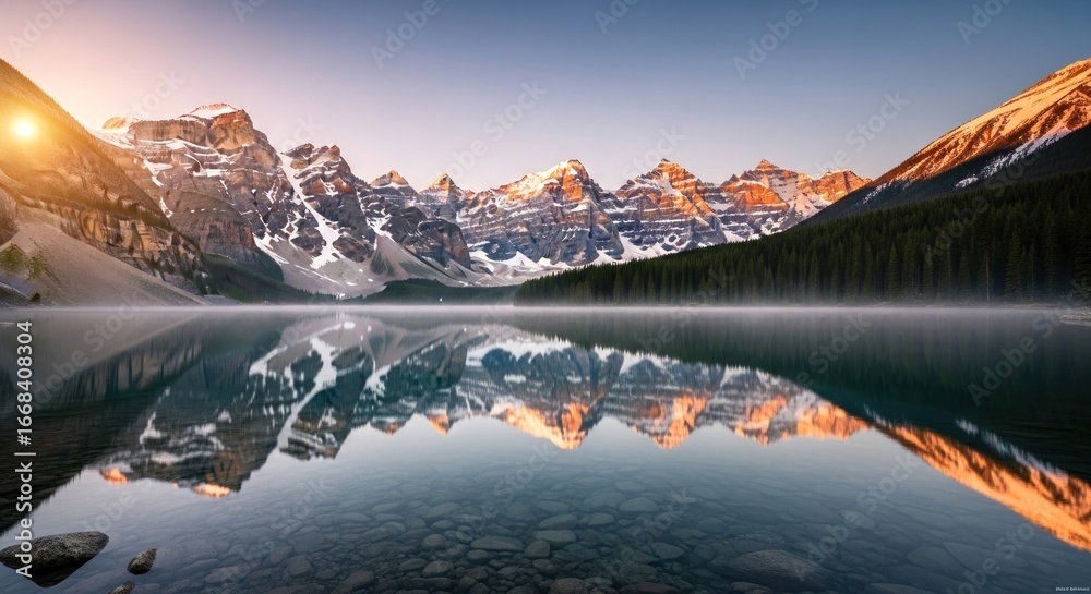 Sunrise Serenity: Moraine Lake's Mirror Reflection of Canadian Rockies ...
