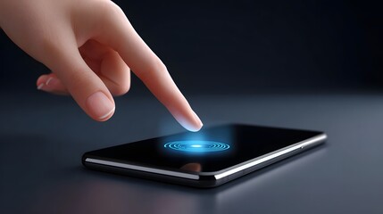 Wall Mural - hand touching a futuristic smartphone screen with digital interface.