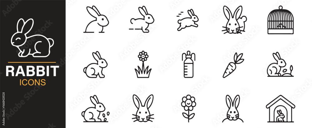 Kit Rabbit Icon Vector set of rabbit icons with bunnies, cages, carrots, and pet care ...