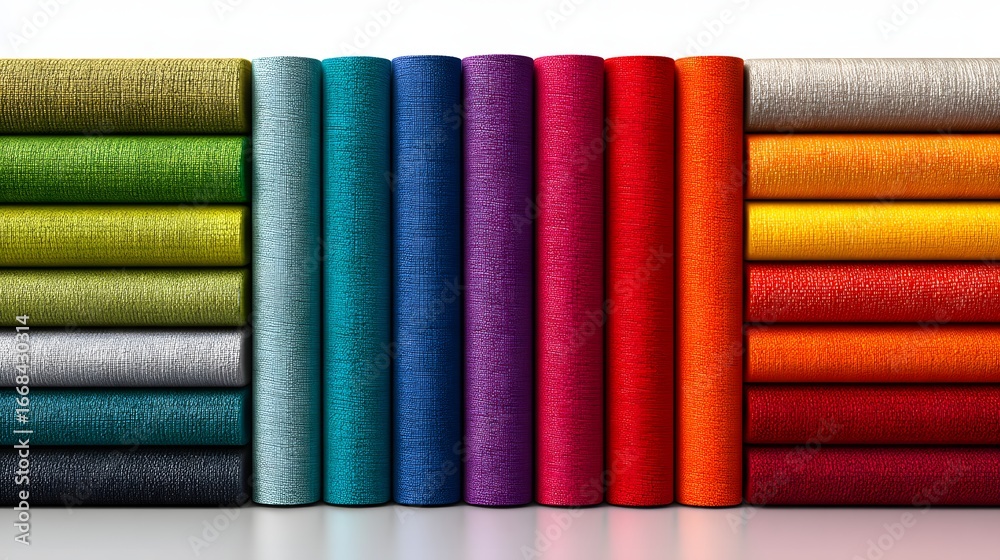 Colorful Rolls of Glittering Fabric with Sparkling Textures Displayed in a Creative Arrangement