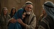 © Svitlana Vorotniak - Elderly man comforting young woman. Biblical family scene of father and daughter embraced. Ancient Middle Eastern people.