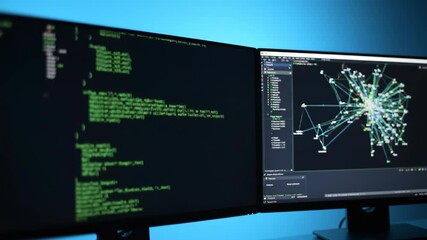 Dual monitors displaying coding and network diagram on a desk