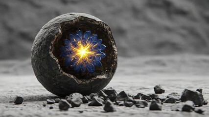Glowing Blue Flower Emerging from Cracked Sphere