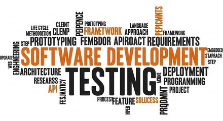 Software development and testing word cloud on white background