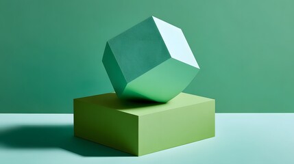 Wall Mural - Floating Geometric Shapes in Various Green Tones on a Minimalist Background