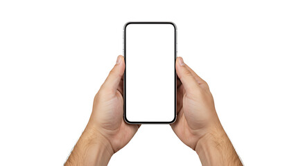 Hands holding mobile phone screen mockup, using smartphone touchscreen, cellphone, isolated on white background