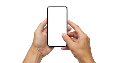 Hands holding mobile phone screen mockup, using smartphone touchscreen, cellphone, isolated on white background