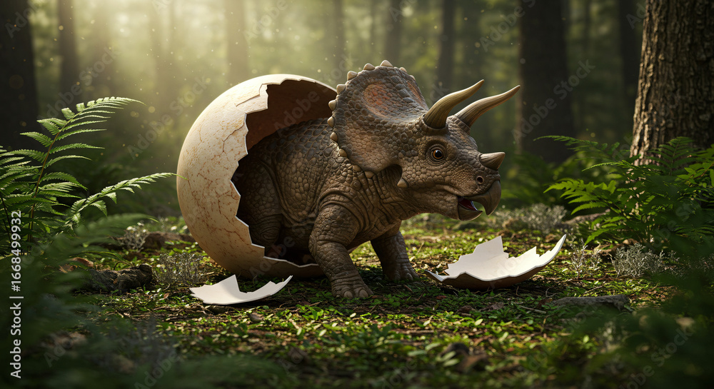 A baby Triceratops emerges from its egg in a sunlit prehistoric forest ...