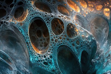Wall Mural - abstract fractal art depicting a cavernous, bubble-like structure with teal and gold hues.
