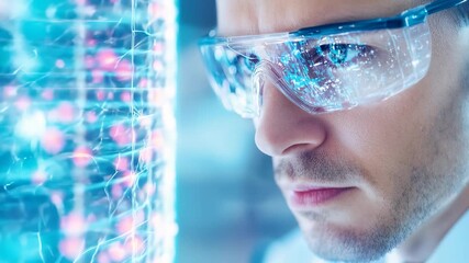 Scientist analyzing a glowing futuristic data network showing innovation and technological progress.