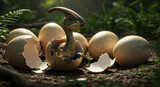 A tiny baby Parasaurolophus dinosaur hatches from its egg, marking a new beginning in a prehistoric jungle