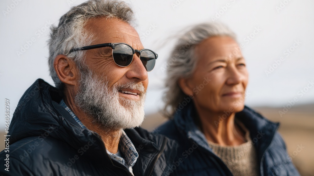 A happy senior couple with sunglasses enjoying a moment outdoors. They are smiling and looking into the distance, surrounded by a natural landscape.