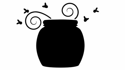 Wall Mural - Black silhouette of a jar with swirling smoke and five butterflies around it on a white background image