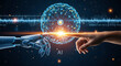 © PUWZ - Futuristic interaction between a human and a robot, their fingers touching a glowing digital sphere representing artificial intelligence