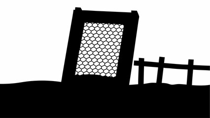 Wall Mural - Silhouette of a rectangular frame with a hexagonal mesh pattern and a fence in a black and white scene