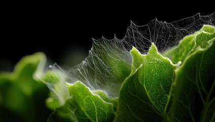 Spiderweb on a Leaf: An intimate macro shot reveals a delicate spiderweb stretched across the textured surface of vibrant green leaves against a dark background, with detailed textures, patterns.