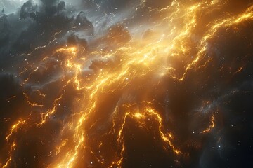 Wall Mural - Golden lightning with stars in space background. Great as wallpaper or texture, cosmic energy